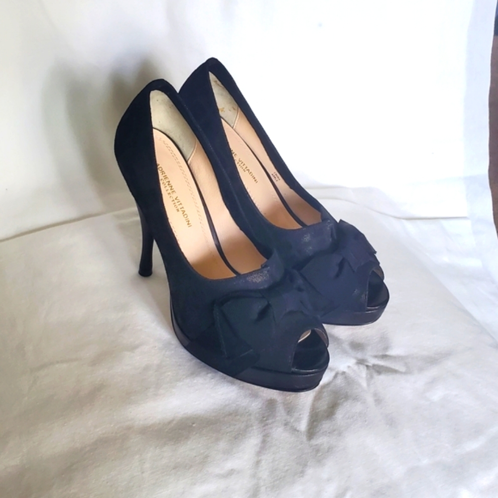 Adrienne Vittadini Black Peep-Toe Heels with Bow